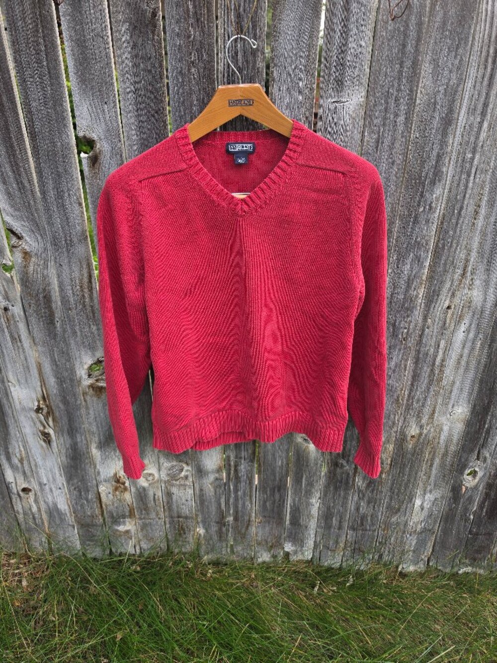 Lands End Drifter V Neck Cotton Sweater in Red Size Large